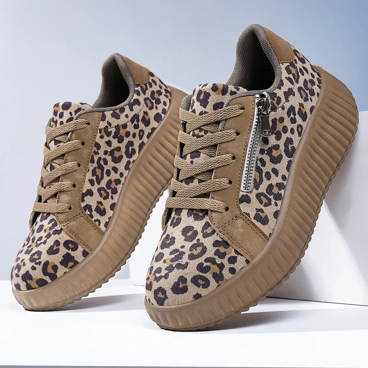 ​Women's Leopard Print Chunky Sneakers & Front Zip, All-Day Grip Date Night Ready Concrete Shoes​