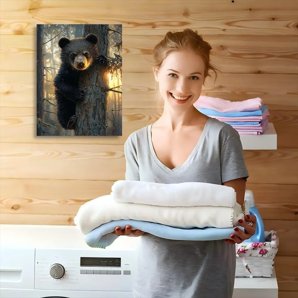 2D Flat, 2D Flat, 2D Flat A 12x16 inch 2D flat canvas featuring a bear climbing a tree, designed as wall art ready to hang. This vertical painting embodies a nature theme, making it suitable for decorating living rooms and bedrooms.