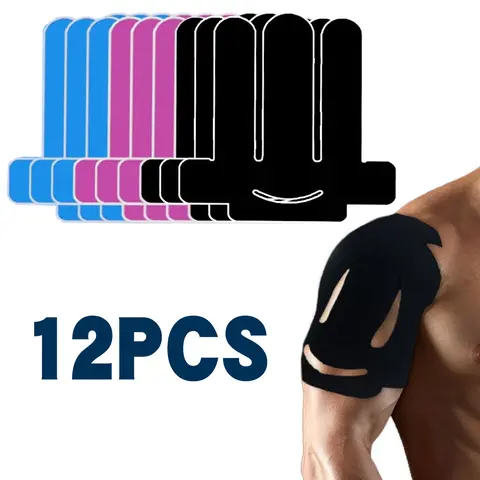 Unisex Precut Cotton Kinesiology Muscle Tape Strips (12 Pcs, One Size) - Water-Resistant, Latex-Free, Hypoallergenic, Breathable Sports Tape for Adults, Pain Relief, Muscle Support