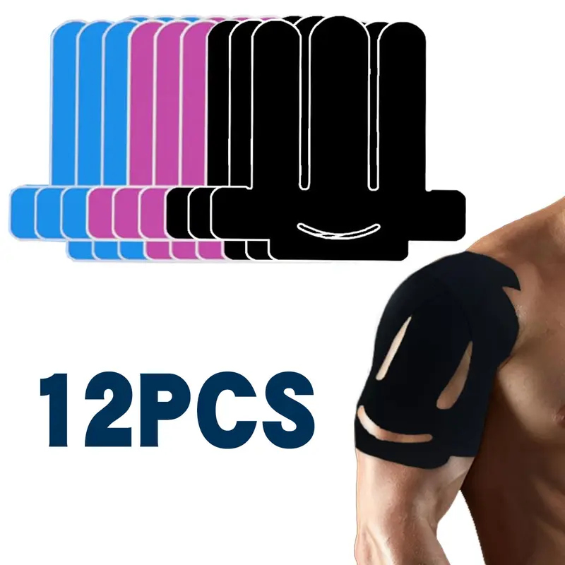 Unisex Precut Cotton Kinesiology Sports Tapes (12 Pcs, One Size) - Pre Cut Tapes, Water-Resistant, Latex-Free, Hypoallergenic, Breathable, All Seasons, Recovery Support for Adults' Pain Relief, Muscle Support