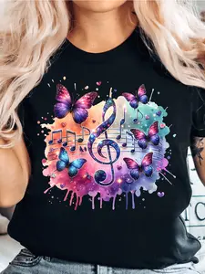 Vibrant WomenS Music Note and Butterfly Pattern Casual Crew Neck TShirt
