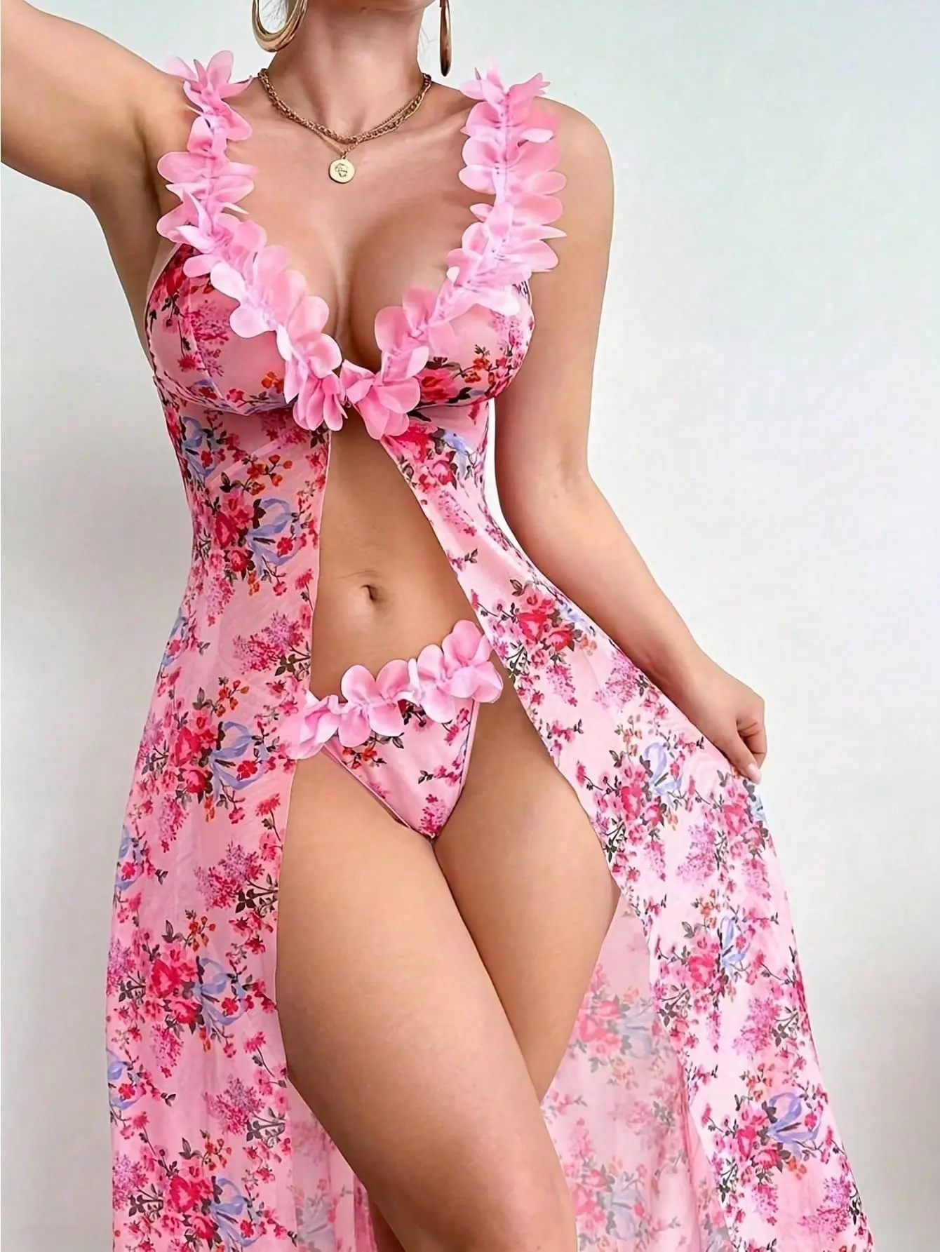 Women's 3-Piece Romantic Lace & Floral Mesh Pajama Set- Elegant Petticoat, Suspender Top + Sheer Briefs With Front Slit,