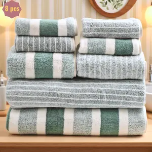 8 pcs Striped Pattern Bath Towel Set, Ultra-Soft, Quick-Dry & Highly Absorbent Polyester Towels for Home, Hotel, Spa & Salon Use | Includes 2 Bath Towels, 2 Hand Towels, 4 Washcloths,  Household, Gift Lightweight Fleece Yarn Green
