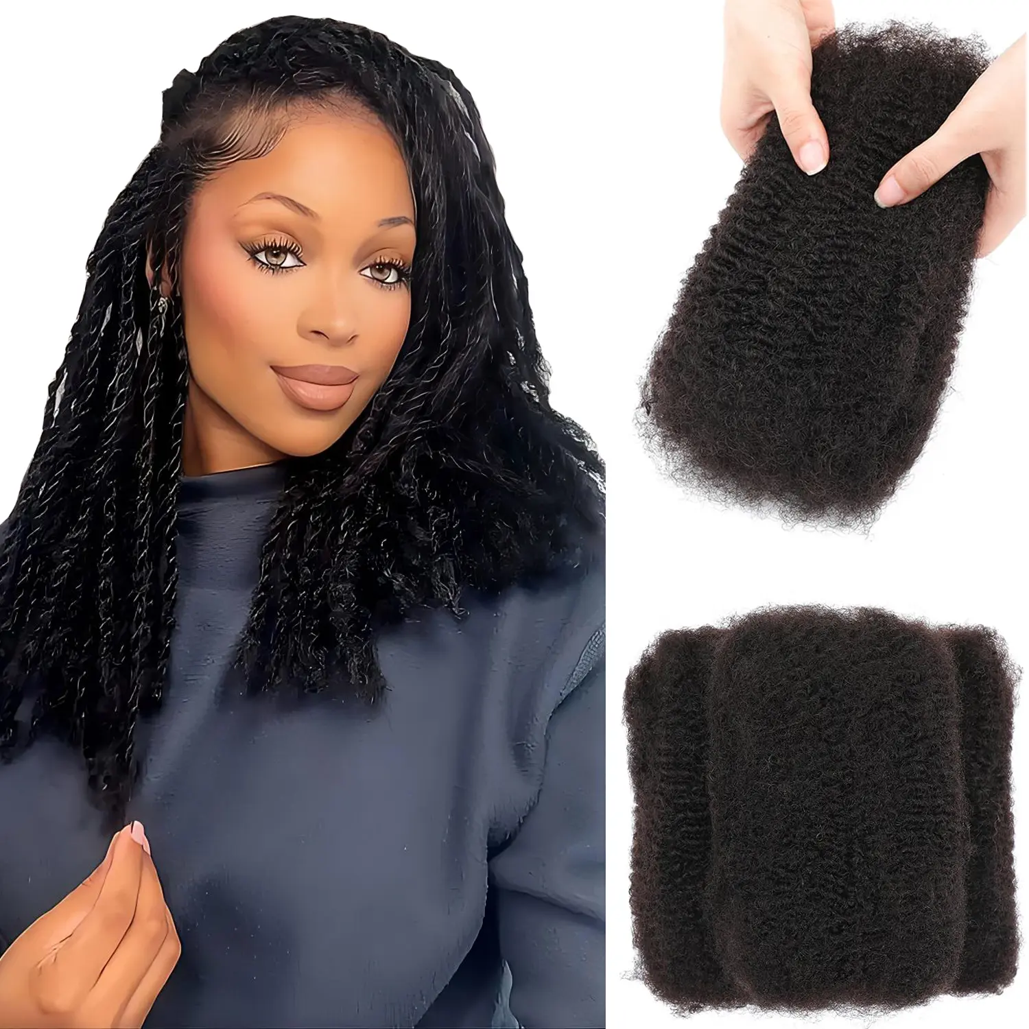 Afro Kinky Bulk Human Hair for Braiding 1/3/5Packs Virgin Remy 4C Curly Hair for Twists, Dreadlocks & Loc Extensions, Soft No Shedding Tangle-Free Bulk Hair No Weft Natural Black