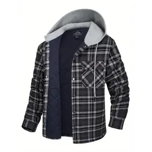 Soft and Comfortable Lightweight Men's Flannel Jacket with Hood, Quilted Lined Plaid Cotton Button Down, Adjustable Cuffs, Multi-pocket, Windproof Hoodie, Casual Fashion Shirt Jacket