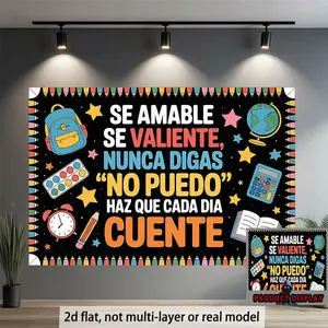 1PC,2D Flat Backdrop Spanish Inspirational Classroom Decor Backdrop, Back - to - School Classroom Decoration Banner, Campus - Themed Party Photo Backdrop, Cartoon Stationery - Themed Wall Decor