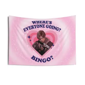 Leon Kennedy 'Where's Everyone Going? Bingo?' Meme Tapestry 3x5 FT - Polyester Resident Evil 4 / Meme Style Decorative Wall Tapestries for Bedroom & Gaming Space Decor, Leon Kennedy Banner