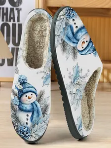 Watercolor Snowman Cotton Slippers, Base with Blue Tone Snowman & Plant Pattern, Cozy Fleece Lining, Winter Home Wear