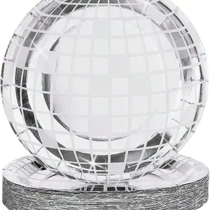 25-Pack Silver Color Disco Ball Paper Plates, 9 Inch Diameter, Perfect for 70s Party Supplies, Ideal for Single Parties, Weddings, Birthdays