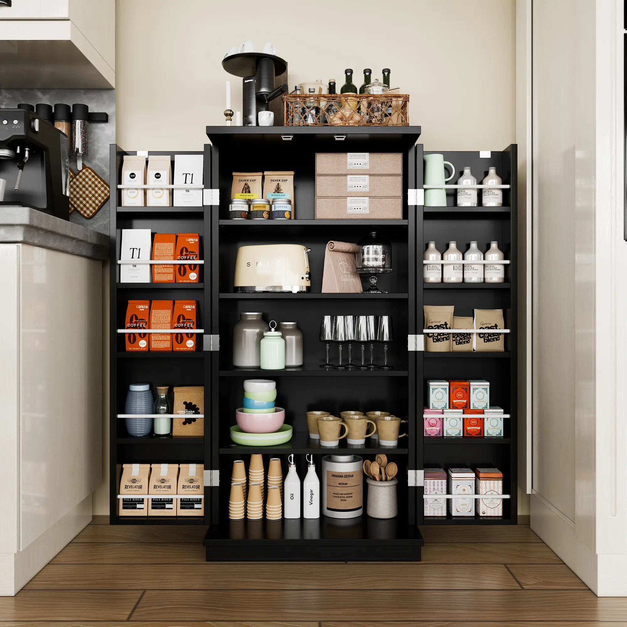 Walsunny Kitchen Pantry Storage Cabinet with Doors and 5-Tier 16 Adjustable Shelves, Freestanding Pantry Cupboard for Kitchen, Dining Room, Living Room Adjustable beverage Shelves for Living Room and Dinning Room, Sideway Organizer, Black