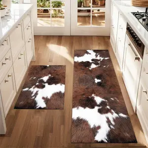 2Pcs Cow hair texture printed brown cow texture Faux Cow Rug Floor mat set for farmhouse kitchen Rug restaurant floor laundry room decor carpet mat