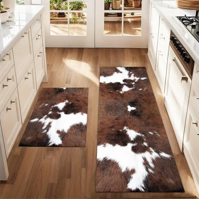 2Pcs Cow hair texture printed Animal Printed Rug brown cow texture Faux Cow Rug Floor mat set for farmhouse kitchen Rug restaurant floor laundry room decor carpet mat