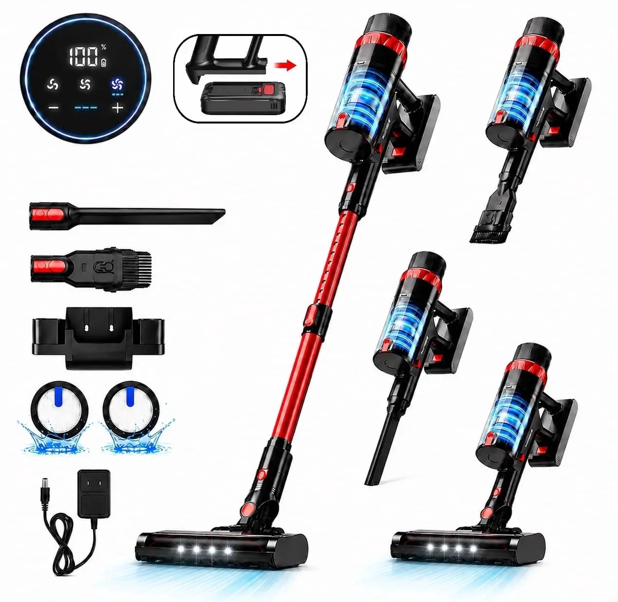 PrettyCare 9-in-1 Cordless Stick Vacuum - 530W, 48KPA Max Suction, 8 Batteries, 55mins Runtime, Rechargeable, Freestanding, Lightweight, Deep Cleaning for Pet Hair Removal, Cordless Vacuum, Max 48Kpa