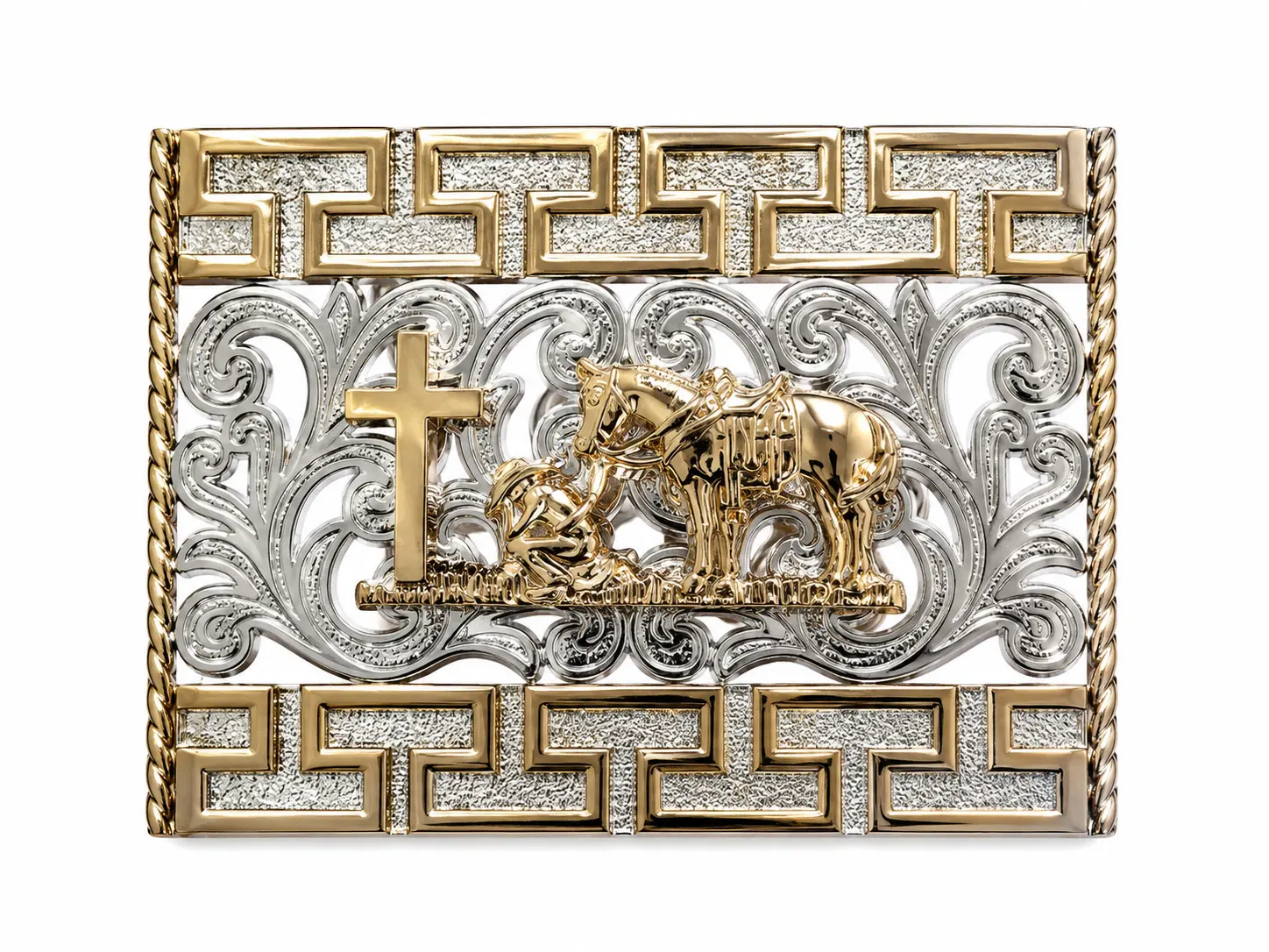 Cross & Praying Cowboy Western Belt Buckle – Gold Christian Cowboy Buckle