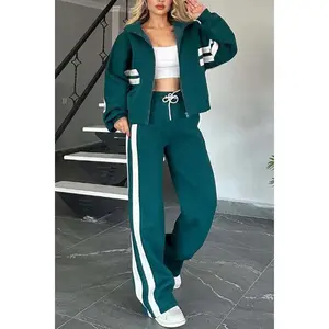 2026 Autumn Women's Casual Sports Striped Zipper Jacket Suit for European and American Style workout Sweatsuit Set Athleisure Plus-size Summer Clothes