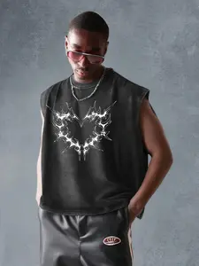 Men's Sleeveless Cotton T-Shirt, Casual Heart Thorn Graphic Pattern Print, Summer Vacation Friends Gathering Daily Wear, Comfortable Short Tank Top