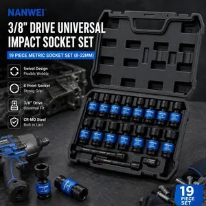 【summervibes】NANWEI 3/8" Drive Universal Impact Socket Set, 19 Pieces CR-MO Swivel Socket Set, Metric(8-22mm) Wobble Sockets 6 Point with Extension Bars, Adapter and Black Organizer