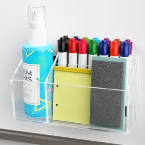 Clear Acrylic Magnetic Dry Erase Marker Holder for Whiteboard Fridge Locker 8.4"x4.8"x2.4" Large Self Adhesive Wall Pen Holder for Home School Office,3-Grid Magnetic Pencil Organizer Holder