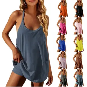 Women's Summer Sleeveless Mini Dress with Built-in Shorts V Neck Spaghetti Straps Athletic Shorts Tennis Dress with Pockets