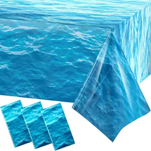3 Pieces Ocean Waves Plastic Tablecloth 54 x 108 Inch Blue Water Print Sea Table Cover for Beach Pool Birthday Party Decoration Shower Supplies