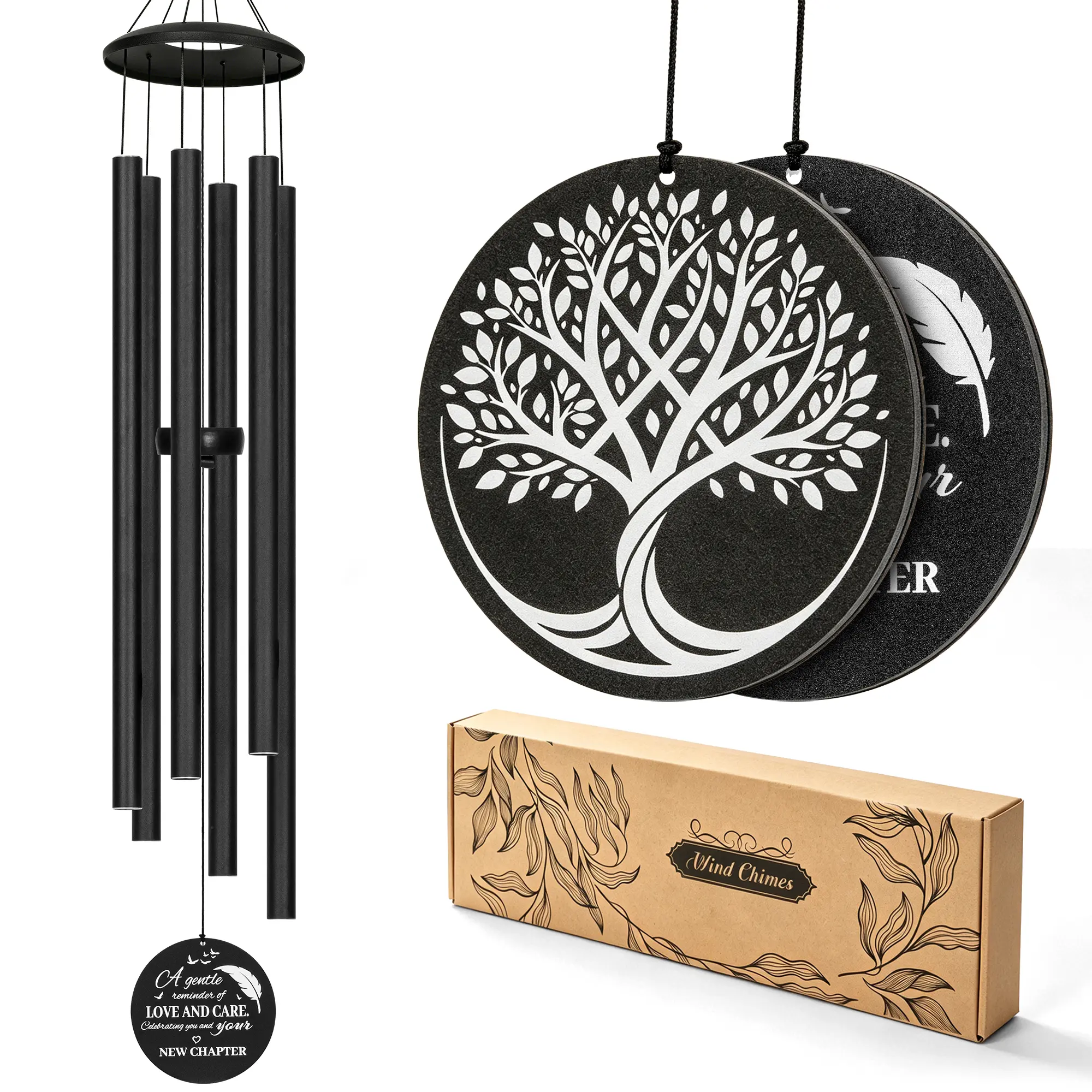 45-Inch Large Deep-Tone Wind Chimes for Outside, Tree of Life Design Garden & Porch Decor, Memorial Sympathy Gift (Black), Backyard Decor, Front Porch Decor