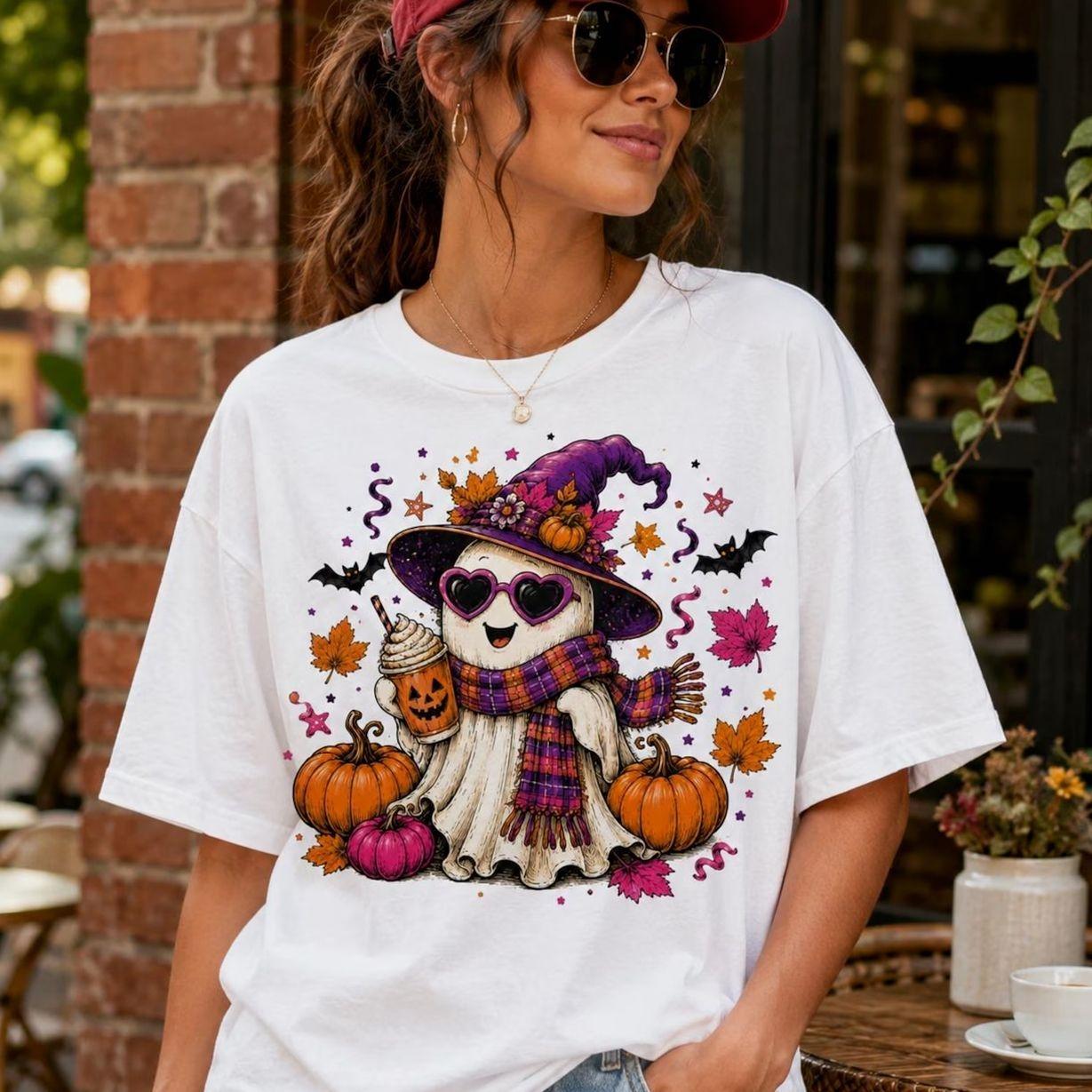 Cute Ghost Witch Halloween T-Shirt, Comfort Colors Fall Pumpkin Shirt, Spooky Season Tee, Unisex Halloween Gift for Women Teens. Casual Blue