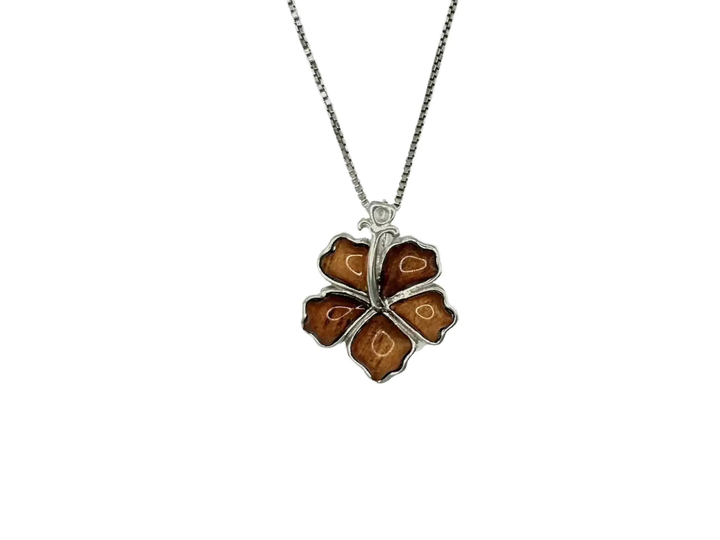 Hawaiian Hibiscus Necklace – 925 Sterling Silver Flower Pendant With Koa Wood Inlay