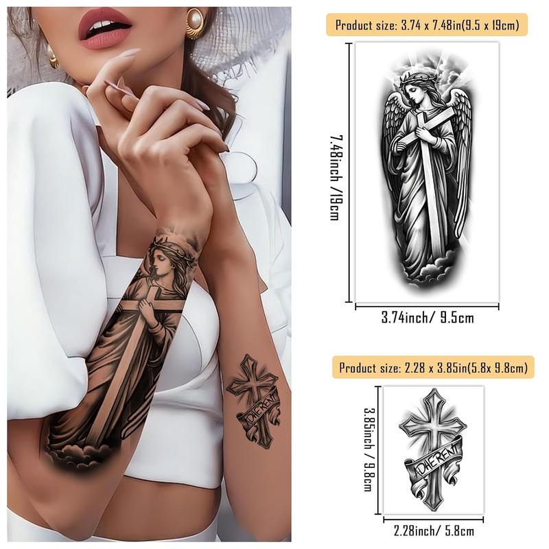 77 Sheets Christian Cross Temporary Tattoo for Women Men, 17 Sheets Half Arm Large Religious Jesus God Fake Tattoos, 60 Sheets Angels Black Christ Tiny for Adult Kids Body Tattoos Stickers Realistic