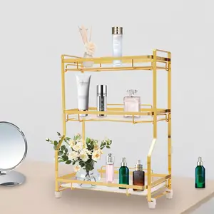 3 Tier Dresser/Bathroom Organizer Countertop Perfume Makeup Organizer Skincare Cosmetics Storage Display Rack, Vanity Tray Dresser Desktop Corner Stand Home Office, Kitchen, Bathroom (Gold White) Boxes