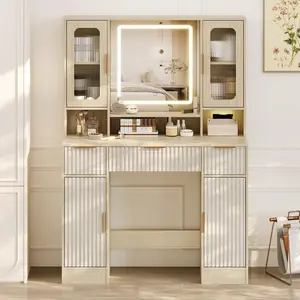 Vanity Desk with Mirror and Light, Modern Makeup Dressing Table with Adjustable 3 Colors Light, Vanities for Bedroom with 2 Glass Cabinet, 2 Large Cabinet, 3 Drawers and Storage Shelves, Natural