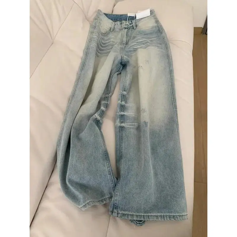 Girls' High-Waist Wide-Leg Denim Jeans - American Retro Streetwear Baggy Oversize Basic Bottoms, Loose-Fitting Full-Length Asian Size Trousers, Loose Fit, High-Waisted, 3Xl, 2Xl, Clothes, Asian Sizing, Denim Fabric, Wide-Leg Cut, Minimalist, Oversized, Wi