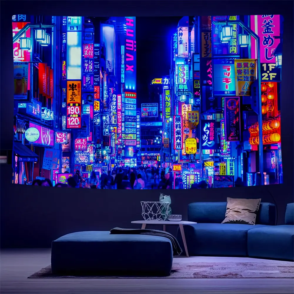 City Of TOKYO Fluorescent Tapestry, Japan Night View City Polyster UV BlackLight Tapestry, Wall Hanging For Living Room Bedroom Office Home Decor/Room Decor/Party Deco, With Free Installation Package