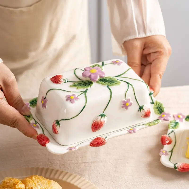 Ceramic Butter Storage Jar, West Restaurant Cheese Box, Strawberry Hand-Drawn Relief Glazed Butter Container, Food Storage Container, Preserving Containers, Kitchen Essentials, Kitchenware