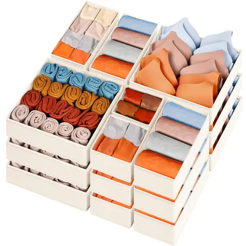 Criusia 15-Pack Beige Divided Fabric Multifunctional Storage Bins (11"x5.5"x5") - Collapsible Drawer Boxes & Containers, Clothes Organizer for Wardrobe, Dorm, Holds Socks, Underwear, Bras, Perfume | Home Supplies Summer Sale