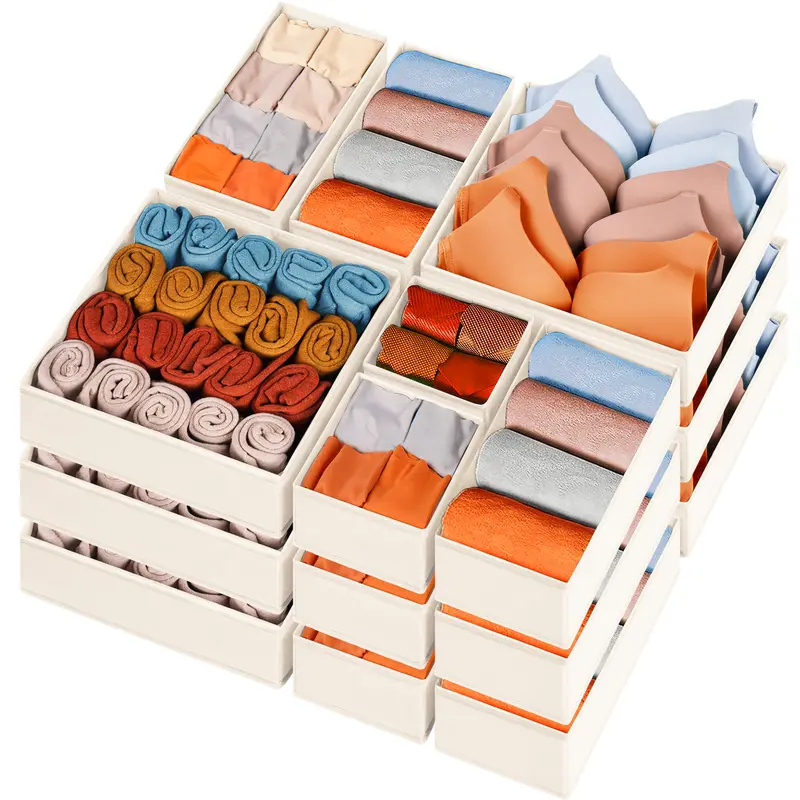 Criusia 15-Pack Beige Divided Fabric Multifunctional Storage Bins (11"x5.5"x5") - Collapsible Drawer Boxes & Containers, Clothes Organizer for Wardrobe, Dorm, Holds Socks, Underwear, Bras, Perfume | Home Supplies Summer Sale