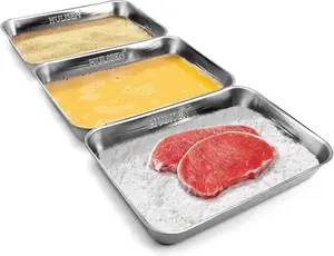 3 Piece Large Stainless Steel Breading Trays Set, Interlocking Food Prep Pans for Dredging Chicken Breasts, Marinating Meat, Coating Fish and Breadcrumb Dishes, Oven Safe
