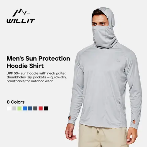 Willit Men's UPF 50+ Hooded Long Sleeve Sun Protection Crew Neck Shirt - Male Wear, Cool-to-Touch Stretch Fabric, Fitted Cut, Zip Pockets, Quick-Dry Keeps You Fresh, Flat Lock Seams Reduce Rub, Machine Washable Easy Care for Fishing, Surfing