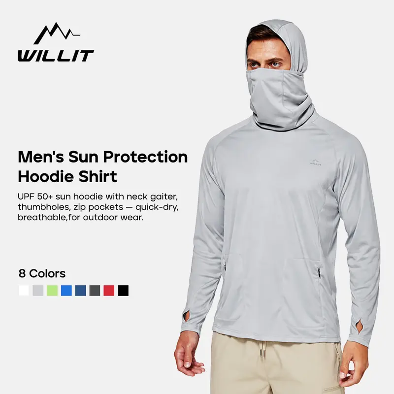 Willit Men's UPF 50+ Hooded Long Sleeve Sun Protection Crew Neck Shirt - Male Wear, Cool-to-Touch Stretch Fabric, Fitted Cut, Zip Pockets, Quick-Dry Keeps You Fresh, Flat Lock Seams Reduce Rub, Machine Washable Easy Care for Fishing, Surfing