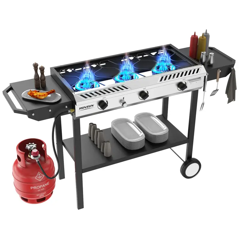 ROVSUN Freestanding Ergonomic Design Cast Iron Outdoor Propane Gas Stove - 2-3 Burners, Auto-Ignition, Regulator, Side Shelves, 150000-225000 BTU, Portable Stand Cooker for Patio, Beach Parties, Camping