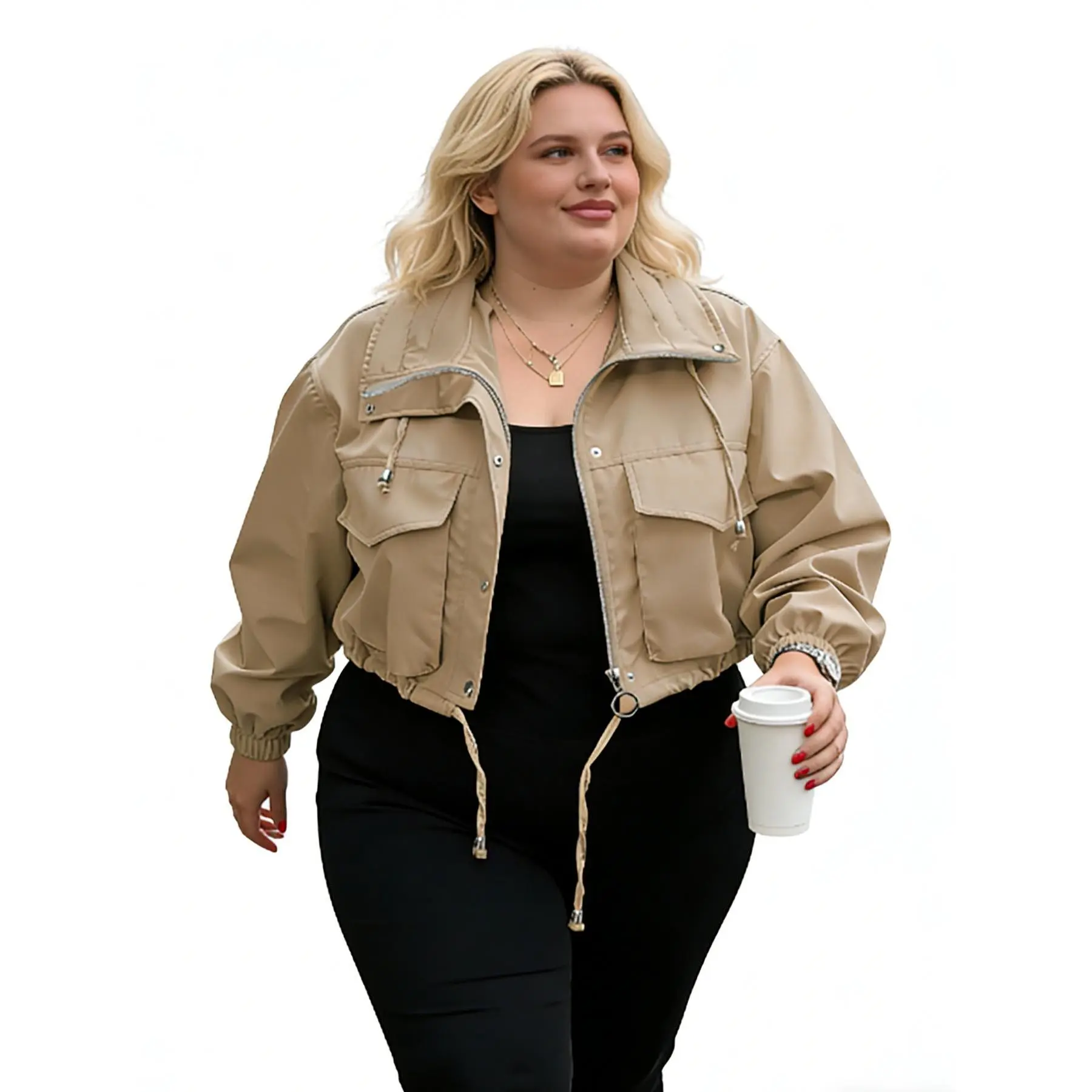 Renaishow Women's Plus Size Cropped Bomber Jacket, Comfortable Lightweight Casual Utility Outerwear with Pockets and Drawstring