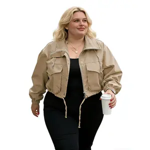 Renaishow Plus Size Womens Cropped Bomber Jacket 2026 Trendy Zip Up Lightweight Utility Collar and Hem Drawstring Coat With Pockets
