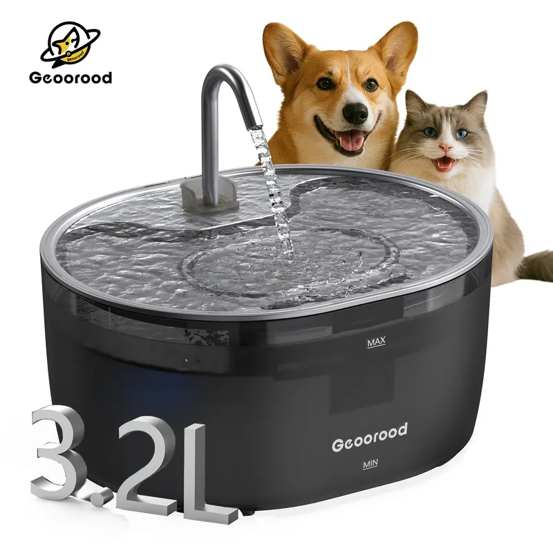 Geoorood 304 Steel Top Automatic Cat Water Fountain - 3.2L Feeder, Faucet & Fountain Dual Flow Modes, 30-Day Leak-Free, BPA-Free ABS Tank, 25dB Quiet, USB Powered, 7+ Days Capacity, 60s No-Tool Setup, Easy-to-Clean for Multi-Cat Homes