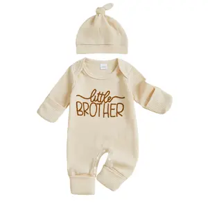 Newborn Baby Boy Romper Hat Set Letter Embroidery Jumpsuit Long Sleeve Infant Bodysuit with Cap Fall Spring Clothes Casual Outfit