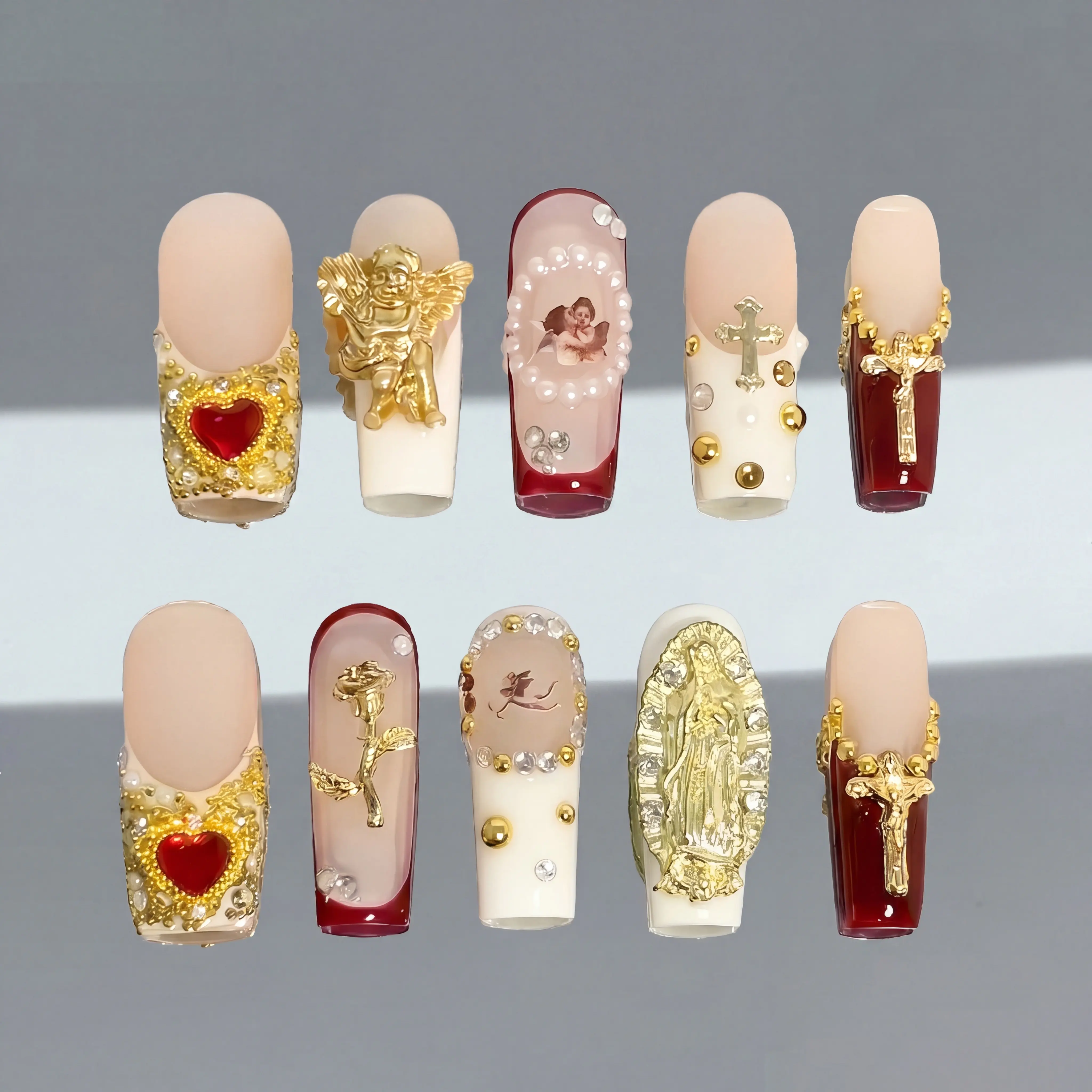 New Coffin collections HOLY ANGEL 100% Handmade 3D Press-on Nails | Reusable | Long-Lasting | Salon-Quality 10PCS | Gel fake Nails