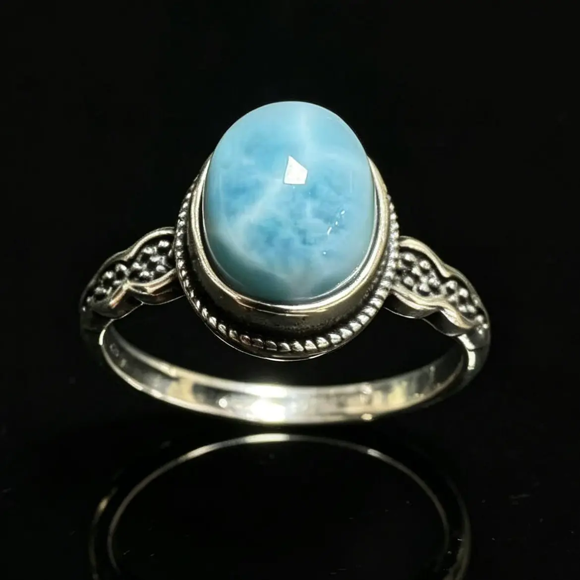 Natural Larimar 925 Silver Adjustable Ring | Vintage Boho Statement