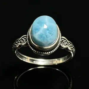 Natural Larimar 925 Silver Adjustable Ring | Vintage Boho Statement