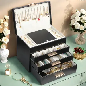 BOOVO Jewelry Boxes for Women, 4 Layer Jewelry Organizer with Necklace Hanger and Drawers, Large Jewelry Box for Earrings, Necklace and Bracelet Storage Gifts for Women and Girls