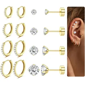 YADOCA 8 Pairs Gold Earrings for Women Men 316L Surgical Steel Hypoallergenic Stud Hoop Earrings for Women Sleeper Flat Back Earring Small Huggie Hoop Cartilage Earring Set