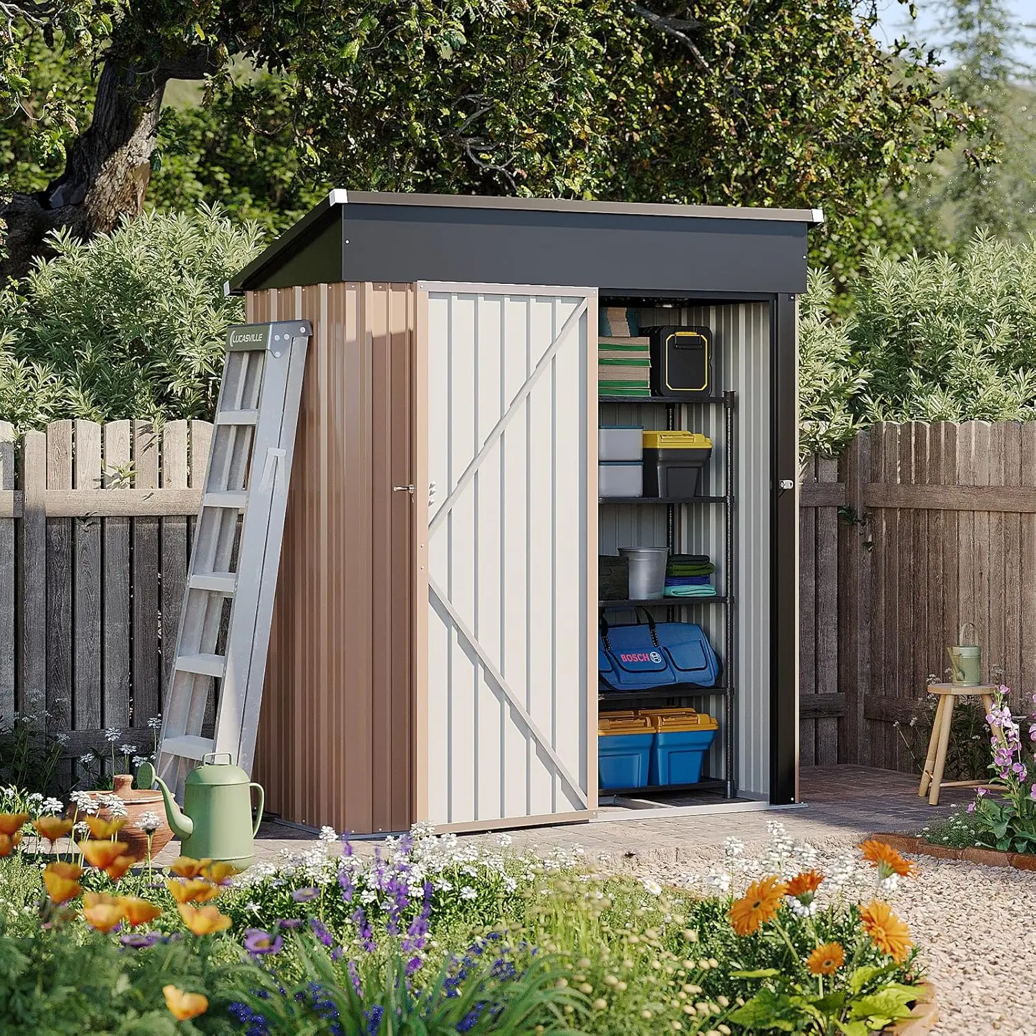 [with base】Jolydale 5x3 FT Outdoor Storage Shed - Metal Garden Shed with Base, Waterproof Garden Tool Shed with Lockable Doors, Perfect for Backyard, Patio, Poolside
