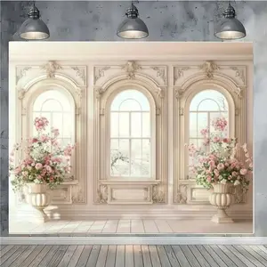 2D Window Photography Backdrop with Rose Planter, Durable Polyester, Ideal for Weddings, Birthdays, Parties